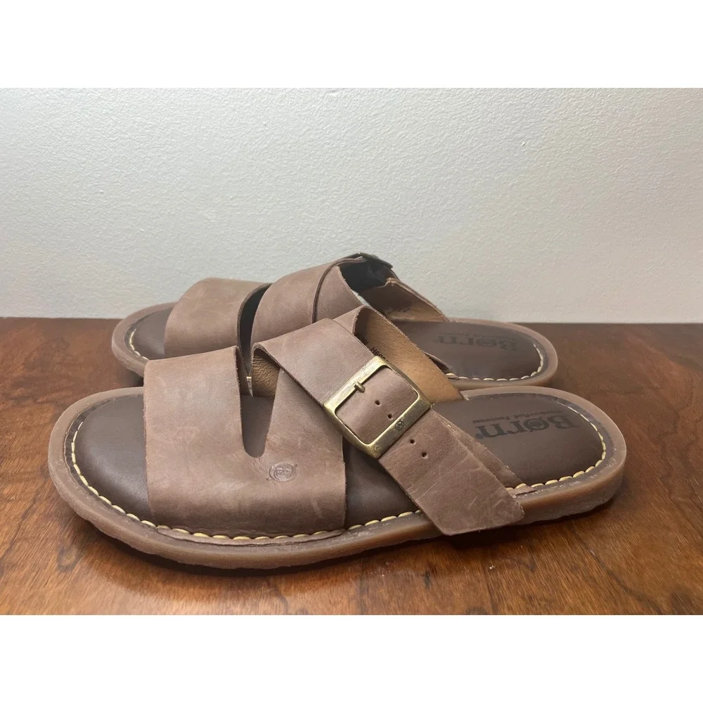 Born Men's Leather Slide Sandals Brown Size 9 Buckle Strap Comfort Fit